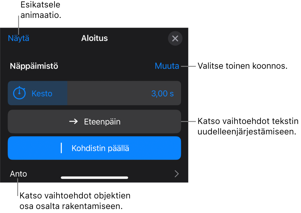 Koonnosvalintoihin sisältyy Kesto, Tekstin animointi ja Anto. Valitse toinen koonnos napauttamalla Muuta tai esikatsele koonnosta napauttamalla Esikatsele.