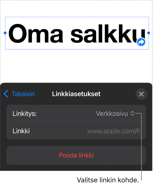 Linkkiasetukset-säätimet, joissa on valittuna Verkkosivu ja alhaalla on painike Poista linkki.