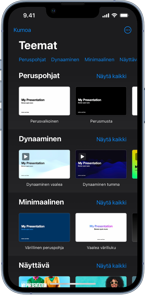 Teemanvalitsin, jonka yläreunassa näkyy kategorioiden rivi, jota napauttamalla voidaan suodattaa vaihtoehtoja. Alla on esimääritettyjen teemojen miniatyyreja, jotka on järjestetty riveihin kategorian mukaan.