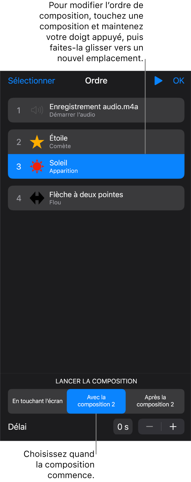 Liste Ordre de composition affichant les effets d’entrée avec des pastilles jaunes et les effets de sortie avec des pastilles grises.