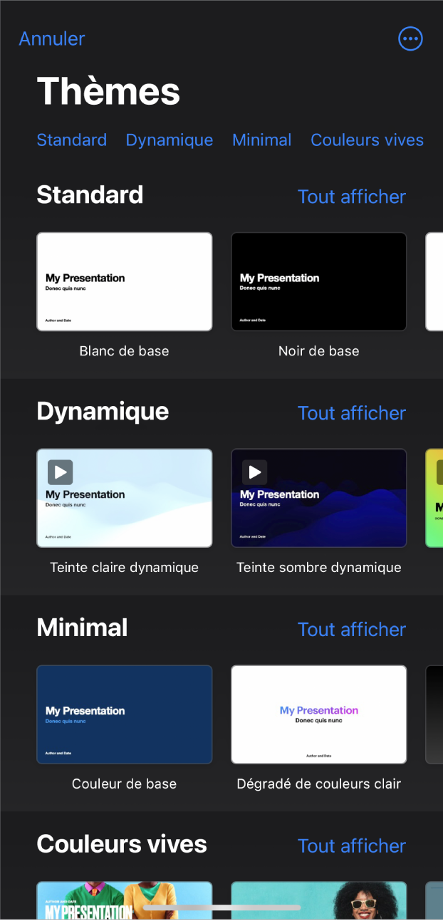 Le sélecteur de thèmes affiche en haut une rangée de catégories que vous pouvez toucher pour filtrer les options. En dessous se trouvent des vignettes de thèmes prédéfinis disposées en rangées par catégorie.
