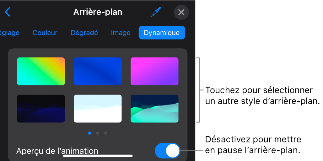Les commandes de l’arrière-plan dynamique accompagnées des vignettes de styles d’arrière-plans et le bouton Aperçu sont affichés.