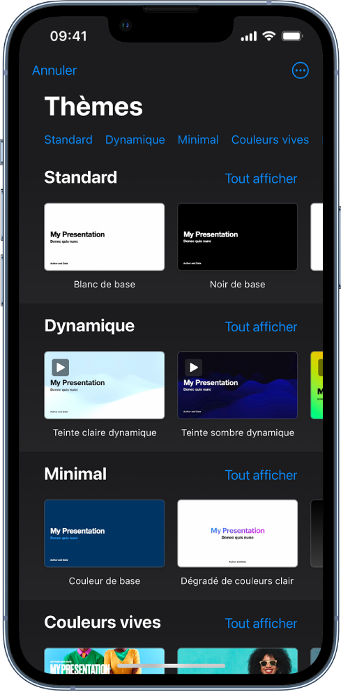 Le sélecteur de thèmes affiche en haut une rangée de catégories que vous pouvez toucher pour filtrer les options. En dessous se trouvent des vignettes de thèmes prédéfinis disposées en rangées par catégorie.