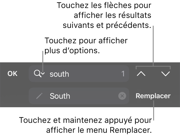 Les commandes Rechercher et remplacer au-dessus du clavier avec des légendes pour les boutons Options de recherche, Monter et Descendre.