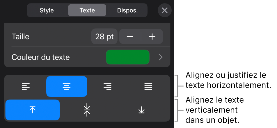 La section Alignement du bouton Format, avec des légendes pour les boutons d’alignement de texte.
