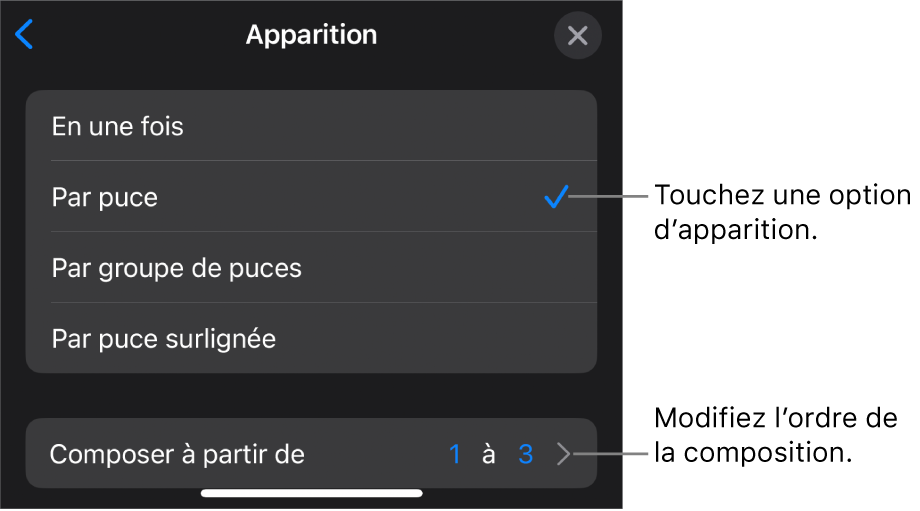 Options d’apparition de la sous-fenêtre Entrée.