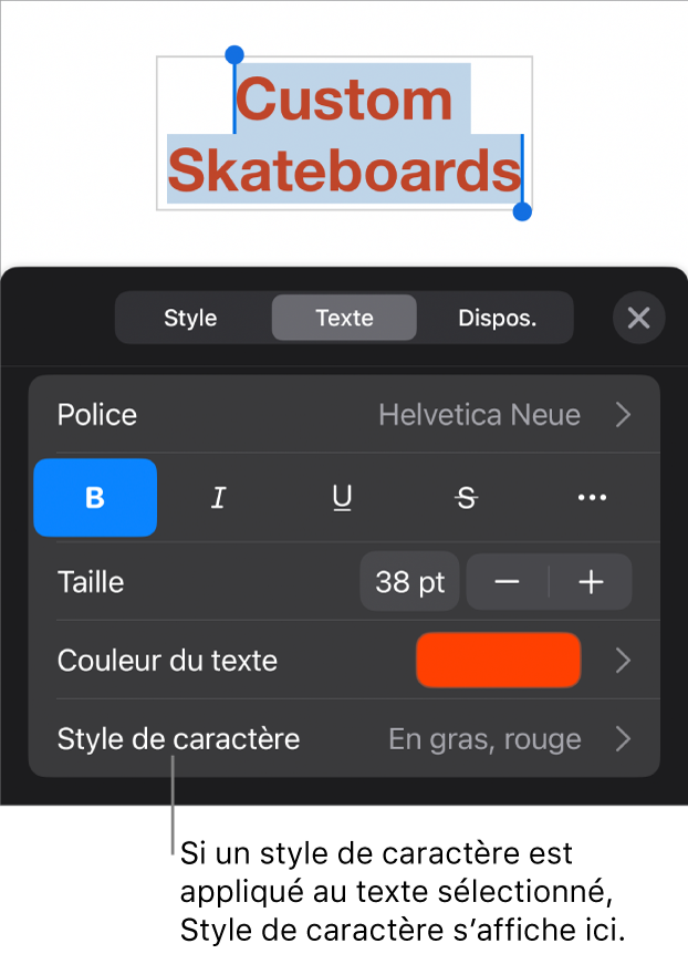 Commandes de mise en forme du texte avec Style de caractère sous les commandes de couleur. Style de caractère Aucun affiché avec un astérisque.