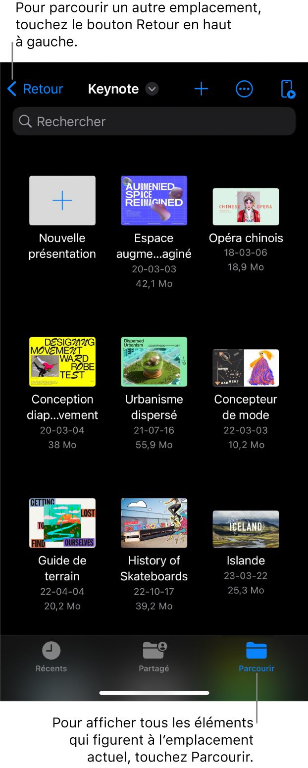 La présentation de navigation du gestionnaire de présentations ainsi qu’un lien d’emplacement se trouvent dans le coin supérieur gauche, et un champ de recherche se trouve en dessous. Dans le coin supérieur droit se trouvent les boutons Ajouter, Plus et Télécommande. Au bas de l’écran se trouvent les boutons Récents, Partagés et Parcourir.