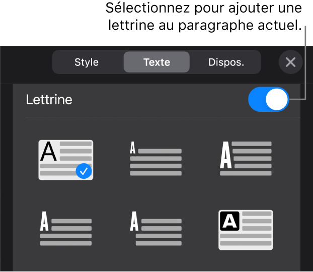 Les commandes Lettrine situées au bas du menu Texte.