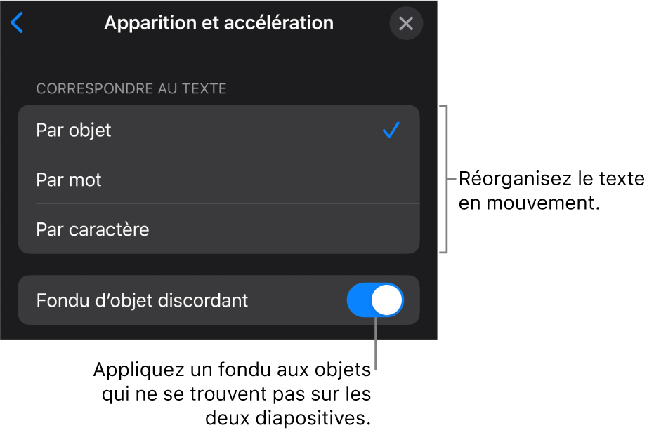 Options d’apparition et d’accélération Métamorphose dans la sous-fenêtre Accélération.