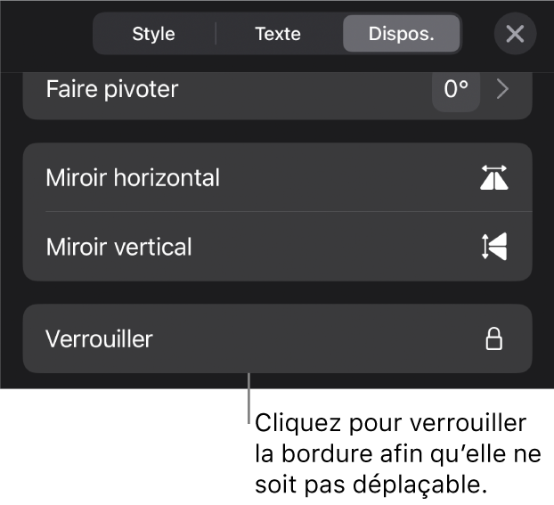 Les commandes Disposition dans le menu Format avec le bouton Verrouiller en évidence.