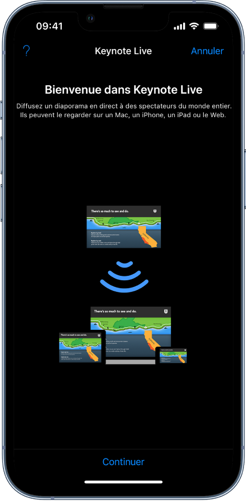 Une fenêtre qui présente Keynote Live avec le bouton Continuer en bas.
