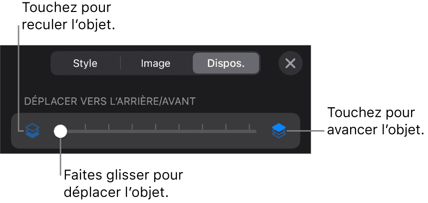 Le bouton de déplacement vers l’arrière, le bouton de déplacement vers l’avant et le curseur de superposition.