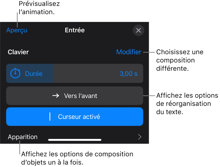 Les options de composition comprennent Durée, Animation du texte et Apparition. Touchez Modifier pour choisir une composition différente, ou touchez Aperçu pour la prévisualiser.