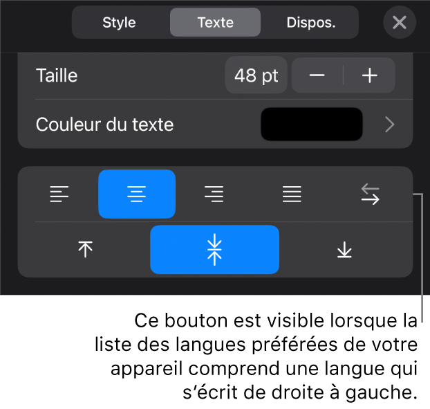 Commandes de texte du menu Format avec le bouton De droite à gauche accompagné d’une légende.