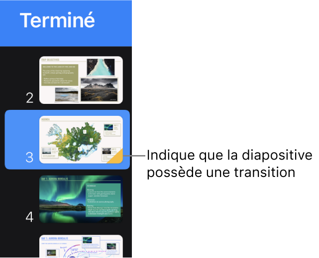 Un triangle jaune sur une diapositive indique que la diapositive comporte une transition.