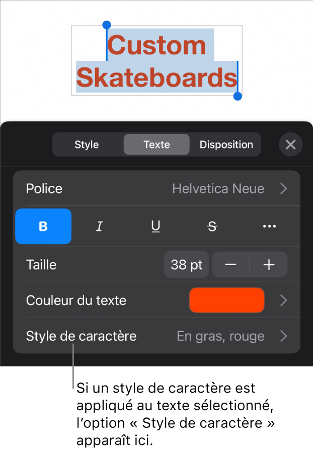 Commandes de mise en forme de texte avec Style de caractère au-dessous des commandes de couleur. Le style de caractère Aucun s’affiche avec un astérisque.