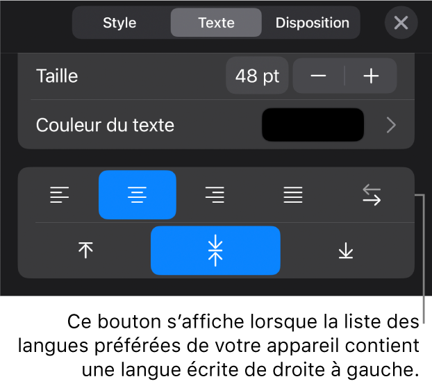 Les commandes de texte dans le menu Format avec une légende vers le bouton « De droite à gauche ».