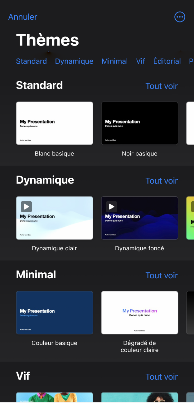 La liste de thèmes, avec un rang de catégories en haut que vous pouvez toucher pour filtrer les options. On trouve en dessous des vignettes de thèmes prédéfinis affichées en rangs par catégorie.