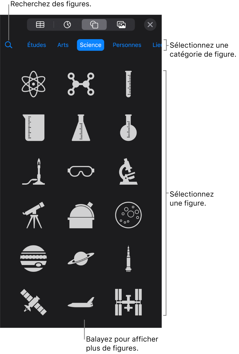Bibliothèque de figures, les catégories étant affichées en haut et les figures, en bas. Vous pouvez utiliser le champ de recherche situé en haut pour rechercher des figures. Vous pouvez également balayer l’écran pour en trouver d’autres.