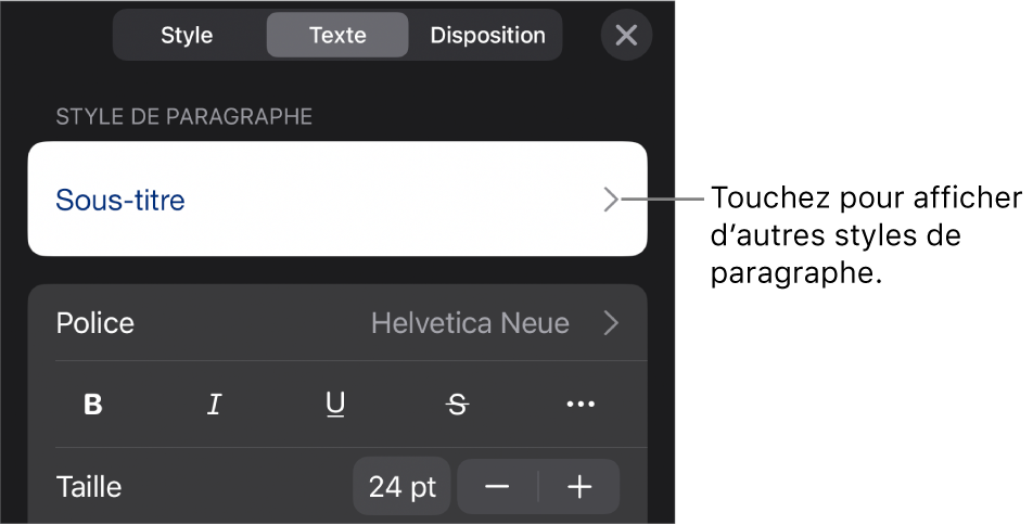 Menu Format montrant les commandes de texte permettant de définir les styles, la police, la taille et la couleur des paragraphes et des caractères.