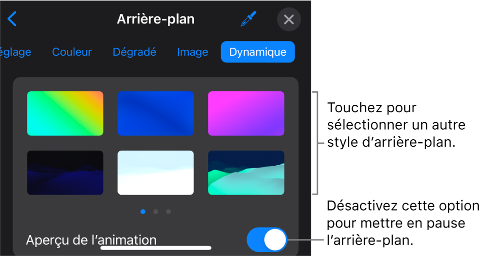 Les commandes liées aux arrière-plans dynamiques avec les vignettes des styles d’arrière-plans et le bouton « Prévisualiser le mouvement » affichés.