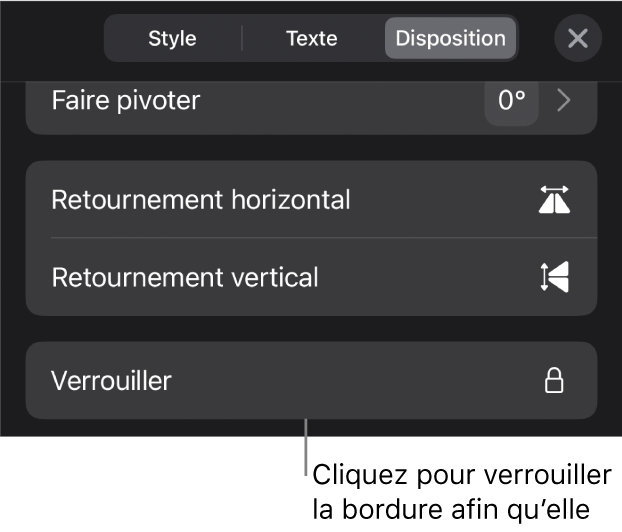 Les commandes Disposition dans le menu Format avec une légende reliée au bouton Verrouiller.