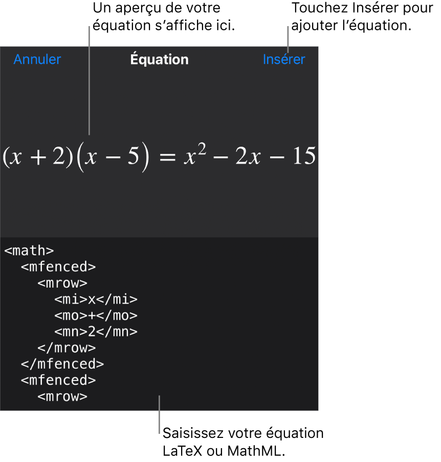 Zone de dialogue Équation, affichant une équation composée à l’aide des commandes MathML, et un aperçu de la formule au-dessus.