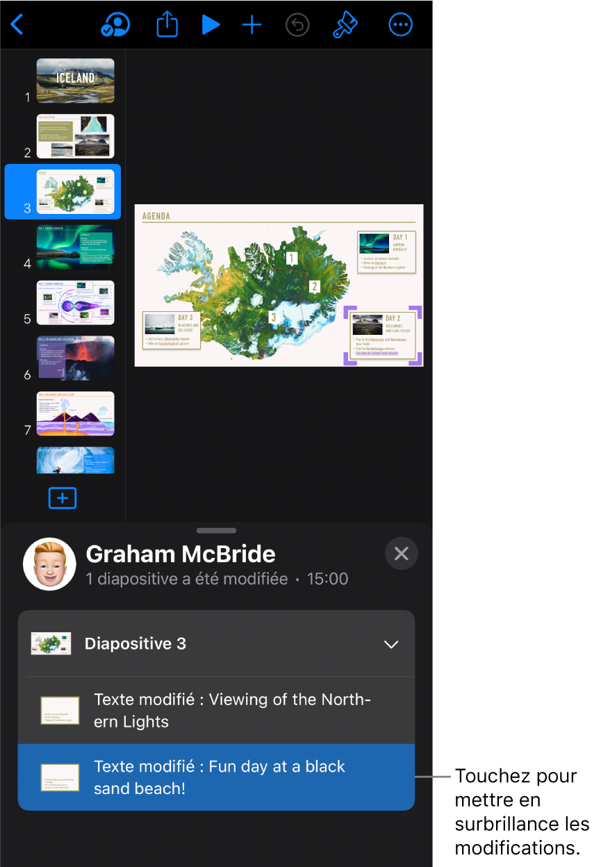 Une présentation collaborative avec le menu de collaboration et la liste d’activités tous les deux ouverts.