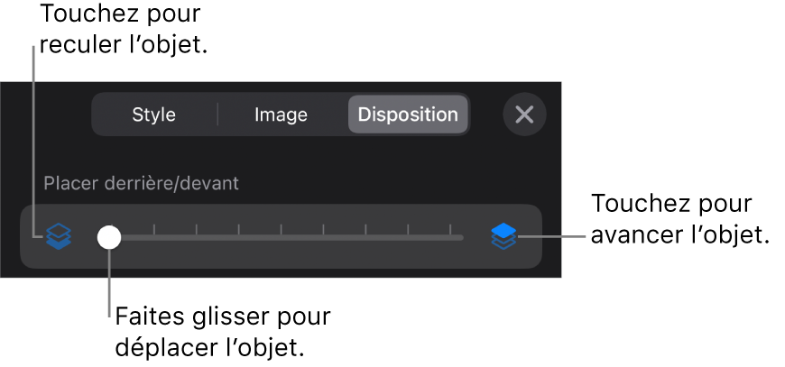 Le bouton de déplacement vers l’arrière, le bouton de déplacement vers l’avant et le curseur de superposition.