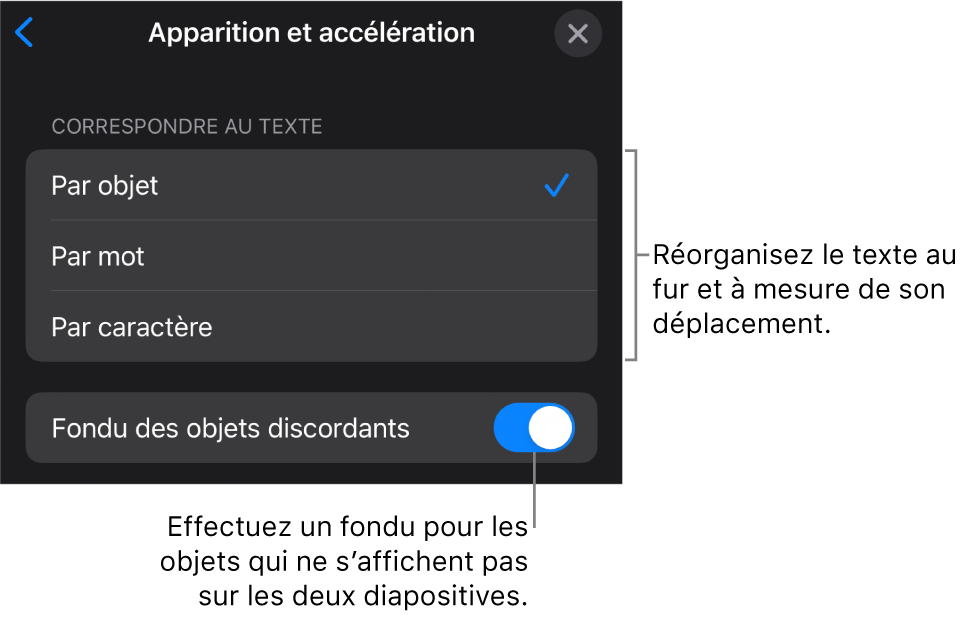 Options d’apparition et d’accélération des transitions Métamorphose dans la sous-fenêtre Accélération.