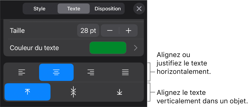 La section Alignement du bouton Format, avec des légendes pour les boutons d’alignement de texte.