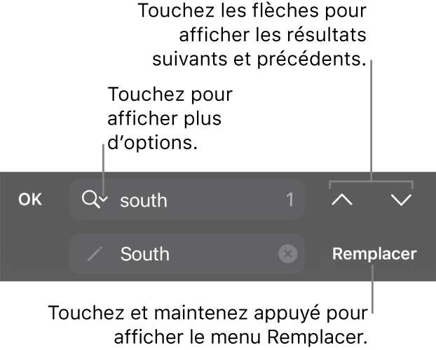 Les commandes de Rechercher et remplacer au-dessus du clavier avec des légendes pour les boutons Options de recherche, Remplacer, Monter et Descendre.
