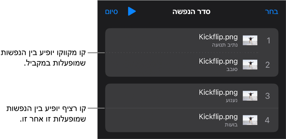התפריט ״סדר הנפשה״, שבו קו מקווקו מופיע בין הנפשות שמופעלות בו זמנית וקו רציף מופיע בין הנפשות שמופעלות אחת-אחת.