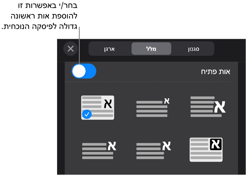 כלי הבקרה של ״אות פתיח״ נמצאים בתחתית התפריט ״מלל״.