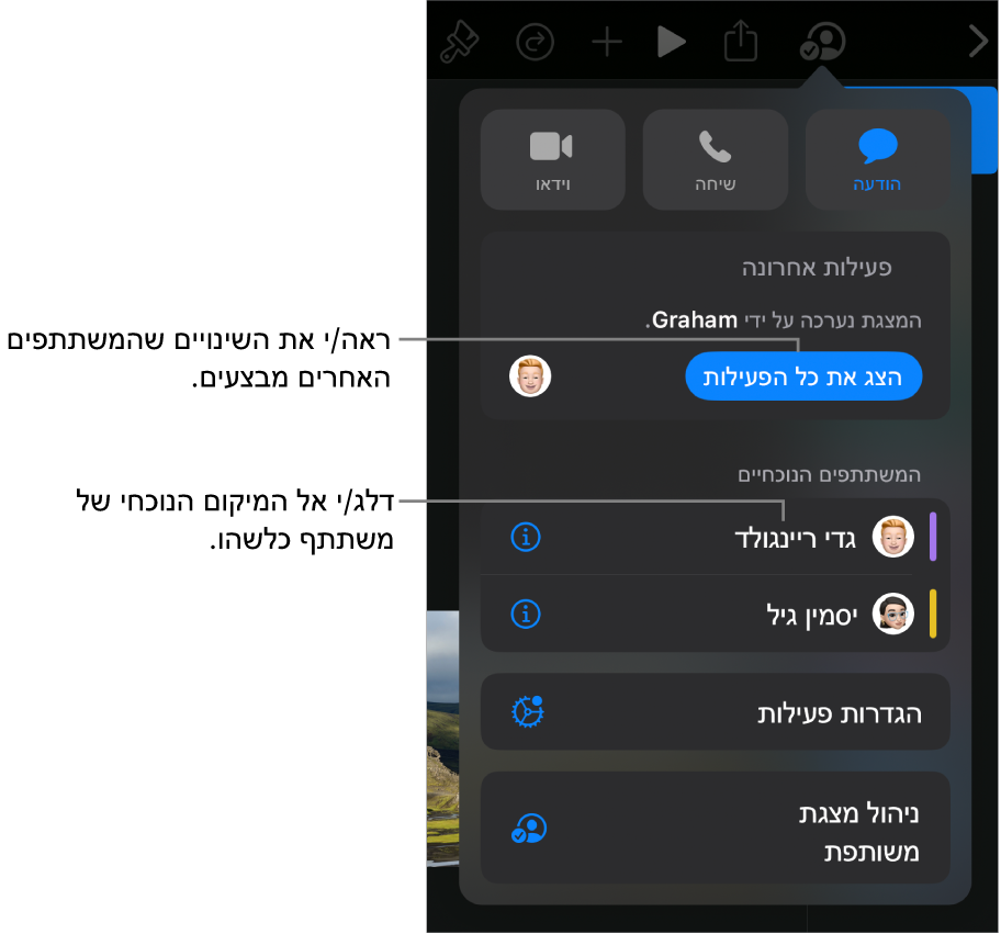 תפריט ״שיתוף פעולה״ שרואים בו משתתפים פעילים כעת.