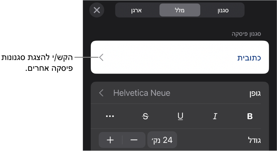 תפריט ״עיצוב״ עם כלי בקרה של מלל להגדרת סגנונות, גופן, גודל וצבע עבור פיסקאות ותווים.