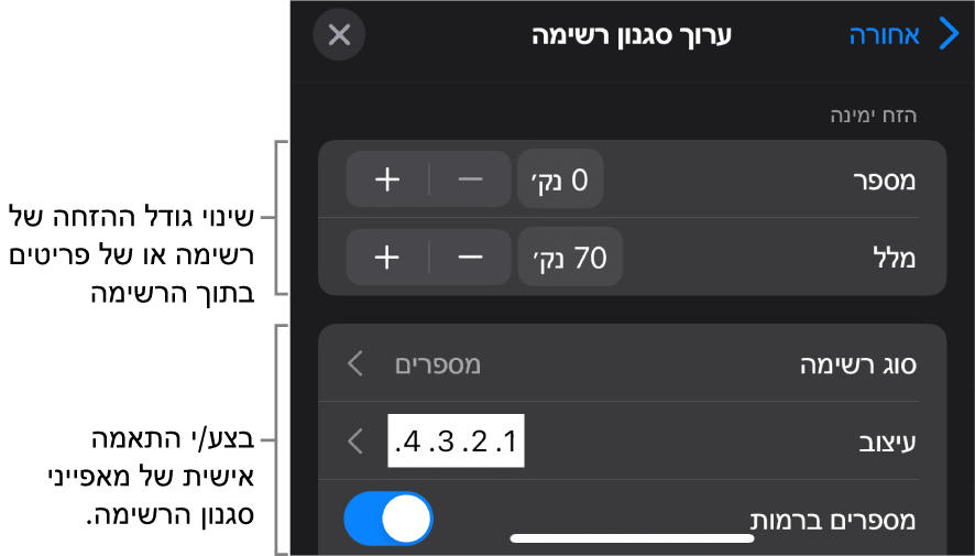 התפריט ״ערוך סגנון רשימה״ עם כלי בקרה לעריכת סוג הרשימה והמראה שלה.