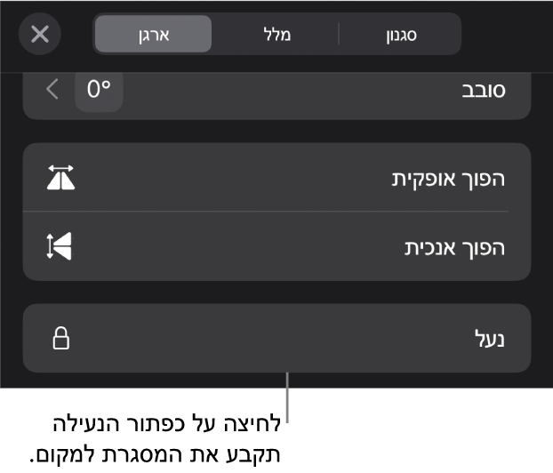 כלי הבקרה של ״ארגון״ בתפריט ״עיצוב עם הסבר לגבי הכפתור ״נעל״.