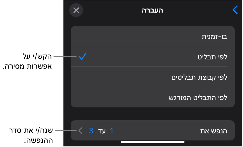 אפשרויות ״העברה״ בחלונית ״הנפשת כניסה״.
