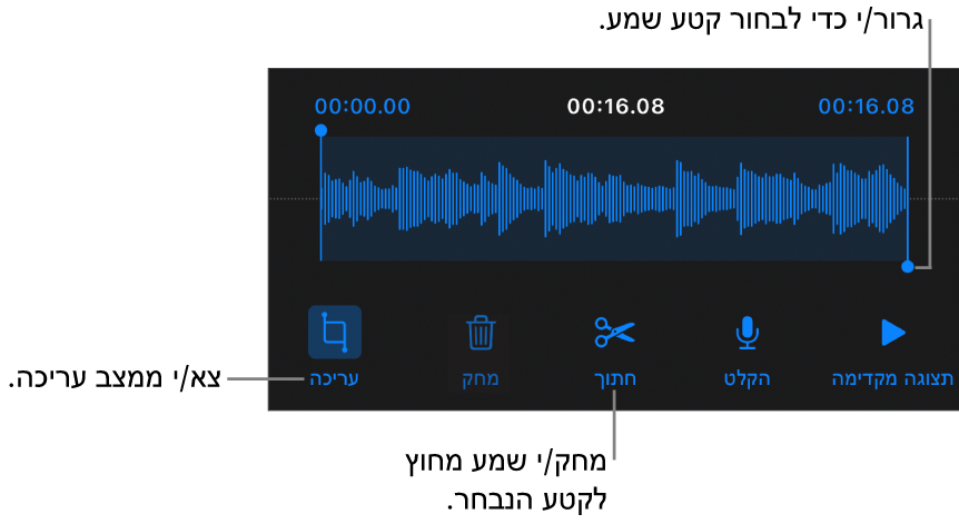 כלי הבקרה לעריכת שמע שהוקלט. ידיות האחיזה מציינות את המקטע שנבחר מתוך ההקלטה, והכפתורים ״תצוגה מקדימה״, ״הקלט״, ״חתוך״, ״מחק״ ו״מצב עריכה״ נמצאים מתחת.