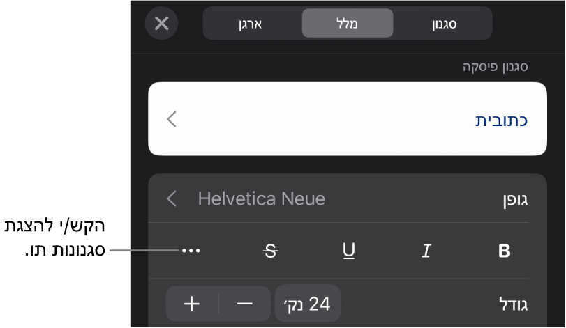 כלי הבקרה של ״עיצוב״ עם סגנונות פיסקה בראש כלי הבקרה של ״גופן״. מתחת ל״גופן״ נמצאים כפתורים של אפשרויות ״מלל״ כמו ״הדגשה״, ״קו תחתון״, ״קו חוצה״ ועוד.