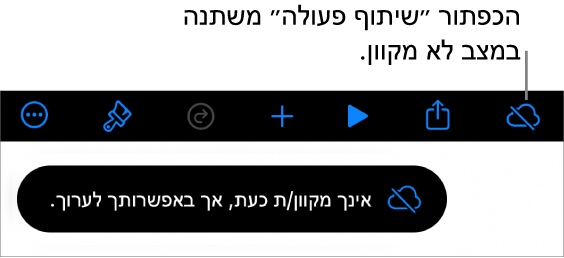 הכפתורים בראש המסך, עם הכפתור ״שיתוף פעולה״ שהשתנה לענן עם קו אלכסוני חוצה. התראה על המסך עם הכיתוב ״ניתן לערוך למרות שהמכשיר שלך לא מחובר לאינטרנט״.