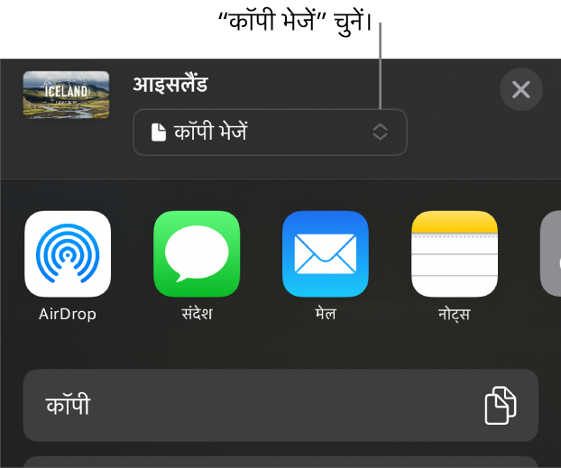 “शेयर करें” मेनू जिसके शीर्ष पर “कॉपी भेजें” चुना गया है।