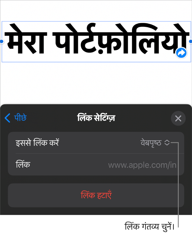 चयनित वेबपृष्ठ के साथ लिंक संपादक नियंत्रण और सबसे नीचे “लिंक हटाएँ” बटन।