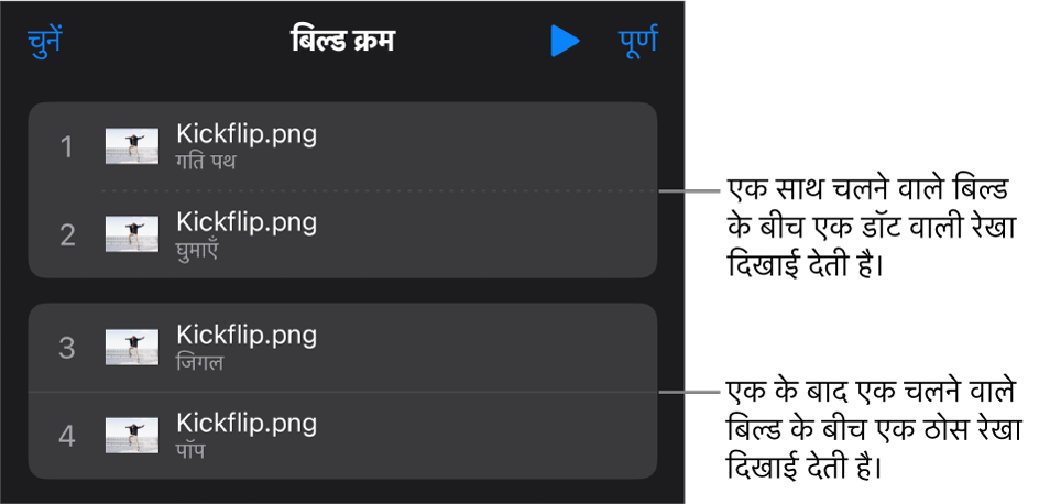 बिल्ड क्रम मेनू और साथ-साथ चलने वाले बिल्ड के बीच डॉट वाली रेखा और एक के बाद एक चलने वाले बिल्ड के बीच ठोस रेखा।