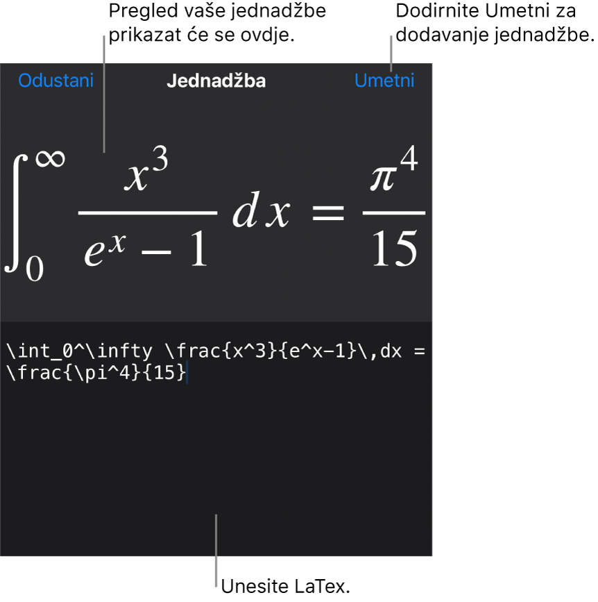 Dijaloški okvir Jednadžba koji prikazuje jednadžbu napisanu korištenjem LaTeX naredbi i prikaz gornje formule.
