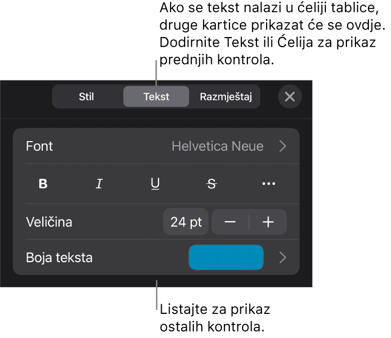 Kontrole teksta u izborniku Format za postavljanje paragrafa i stilova paragrafa, fonta, veličine i boje.