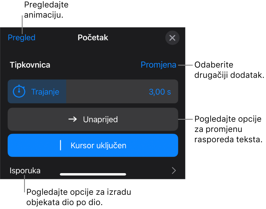 Opcije izdanja uključuju Trajanje, Animaciju teksta i Isporuku. Dodirnite Promijeni za odabir drugog izdanja, ili dodirnite Pretpregled za pregled izdanja.