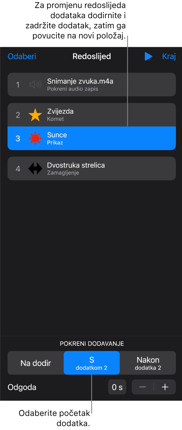 U popisu Redoslijeda dodataka dodani efekti prikazuju se sa žutim bedževima, a izuzeti efekti prikazuju se sa sivim bedževima.